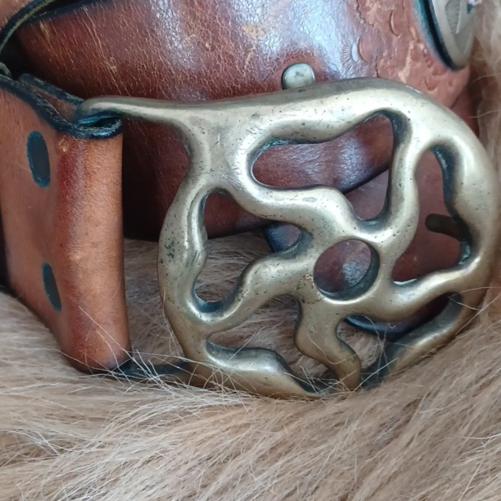 Vintage Chunky Distresed Brown Leather Belt with Brass Accents